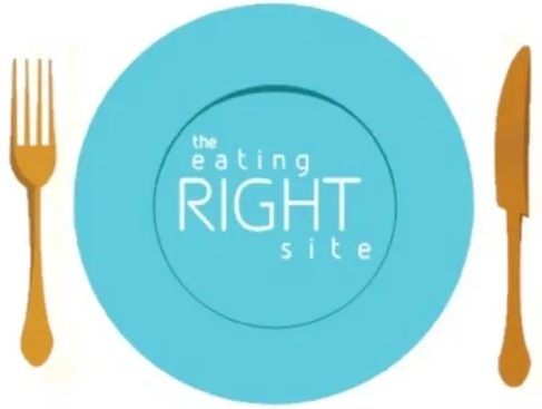 A blue plate with the words " eating right site ".
